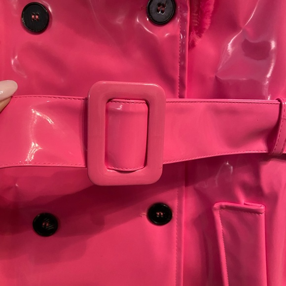 ASOS Unique21 Faux Fur Trim Vinyl Coat in Fuchsia, Size 12 - Picture 8 of 13